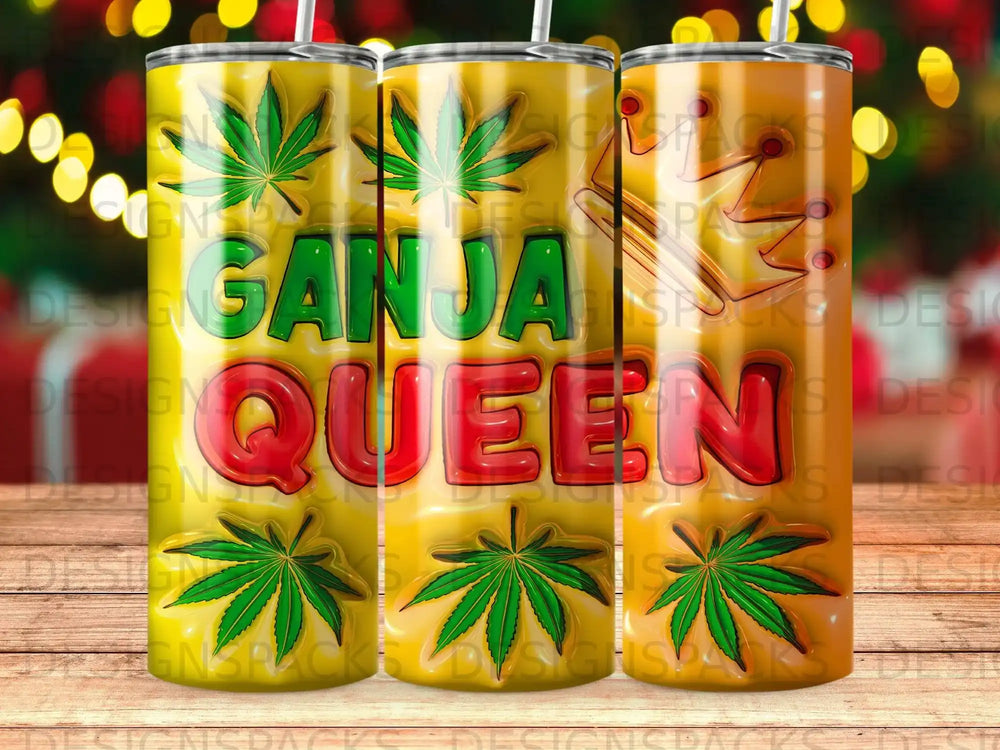 "Ganja Queen" tumbler with marijuana leaves and a crown on yellow background.
