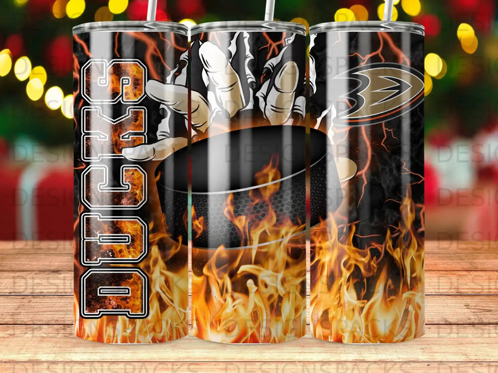 Ducks hockey puck with flames and a hand.