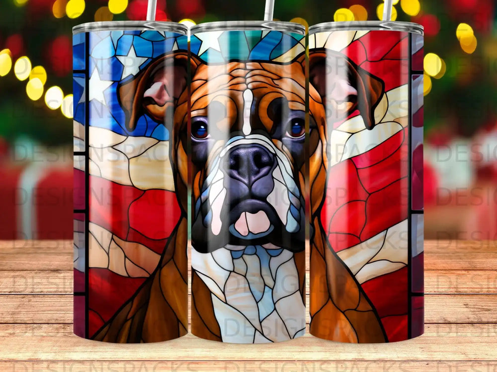 Boxer dog's face in stained glass style with American flag background.