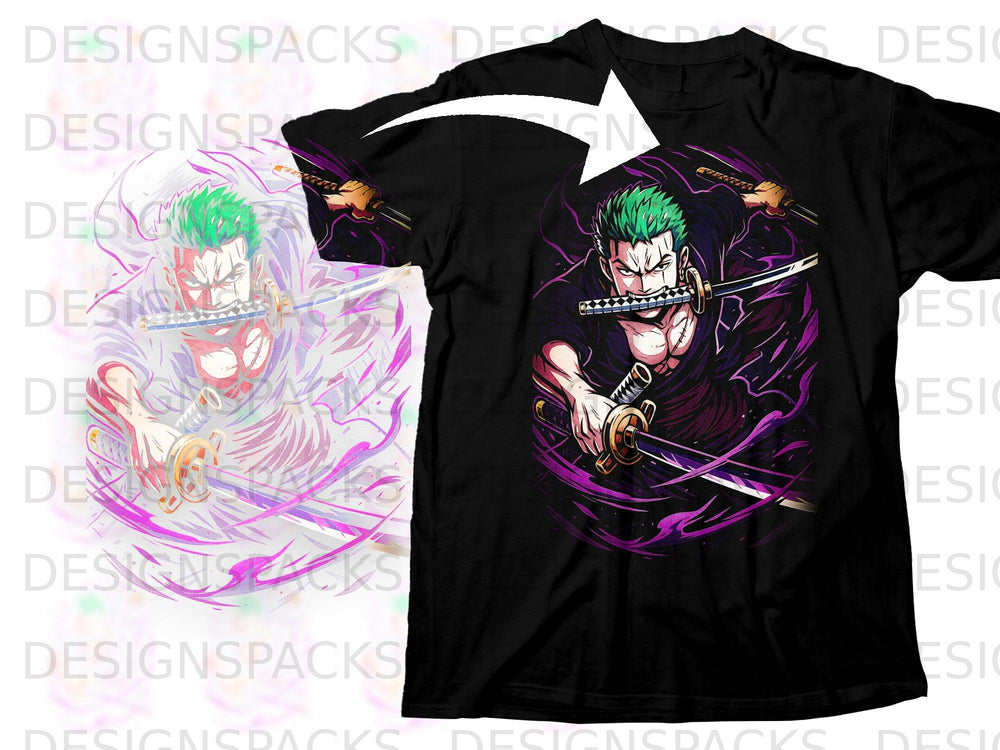 Black t-shirt featuring anime character Roronoa Zoro with three swords.