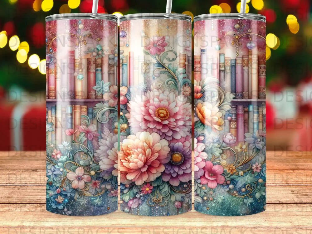 Floral bookshelf tumbler with colorful blossoms and glitter accents.