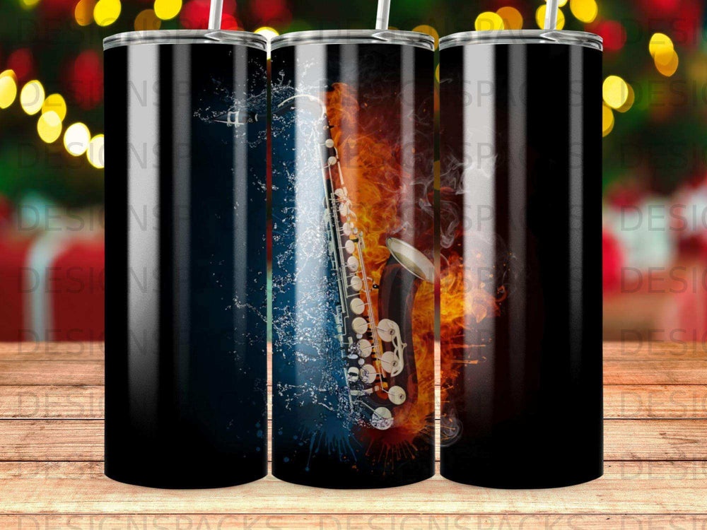 Saxophone art with water and fire on three tumblers.