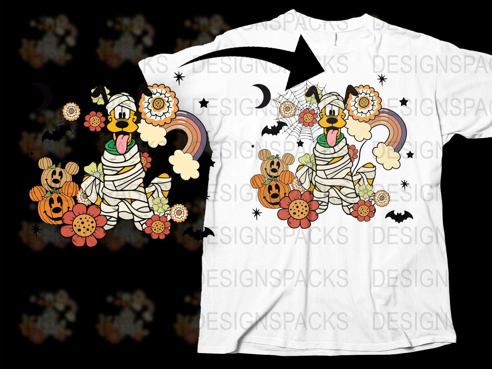 Halloween T-Shirt with Mummy Pumpkins, Ghosts, and Autumn Leaves, Unisex Horror Graphic Tee