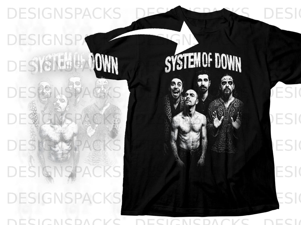 Black t-shirt with "System of Down" band members and logo graphic.