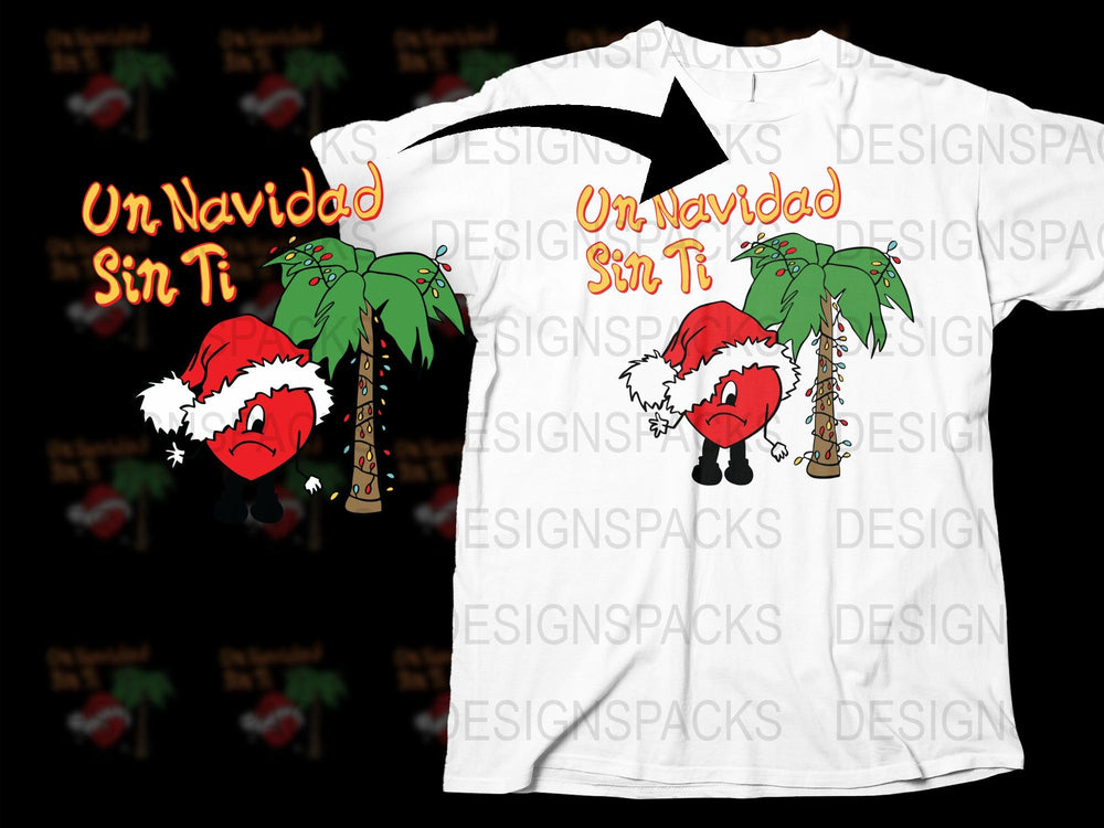 Un Navidad Sin Ti T-Shirt, Funny Christmas Tee, Red Sad Face Emoji, Festive Holiday Apparel