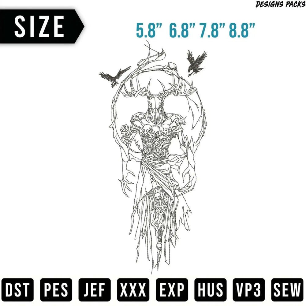 Embroidery design of a skeletal stag with birds and size options.