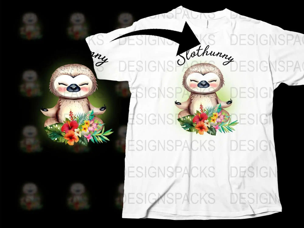 Cute Sloth T-Shirt Tropical Flowers Graphic Tee, Funny Slothummy Design, Unisex Adult Clothing
