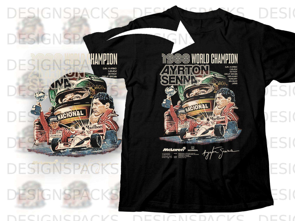Black t-shirt with 1988 World Champion Ayrton Senna graphic and McLaren Honda MP4/4 car.
