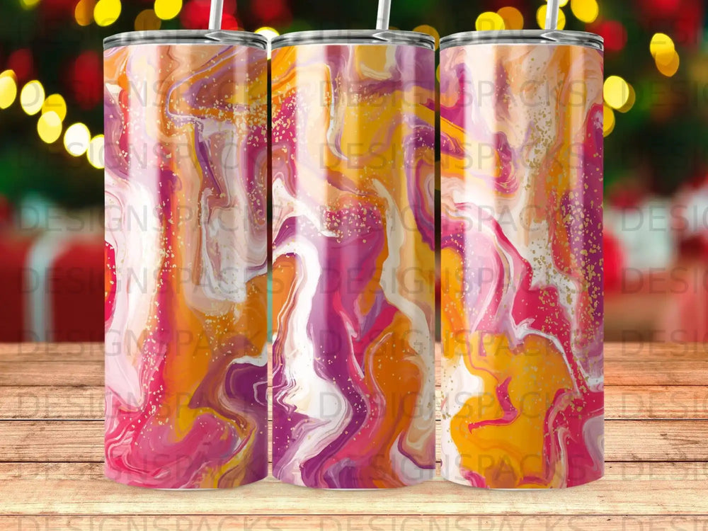 Tumbling tumbler with pink, purple, and gold marbled design.