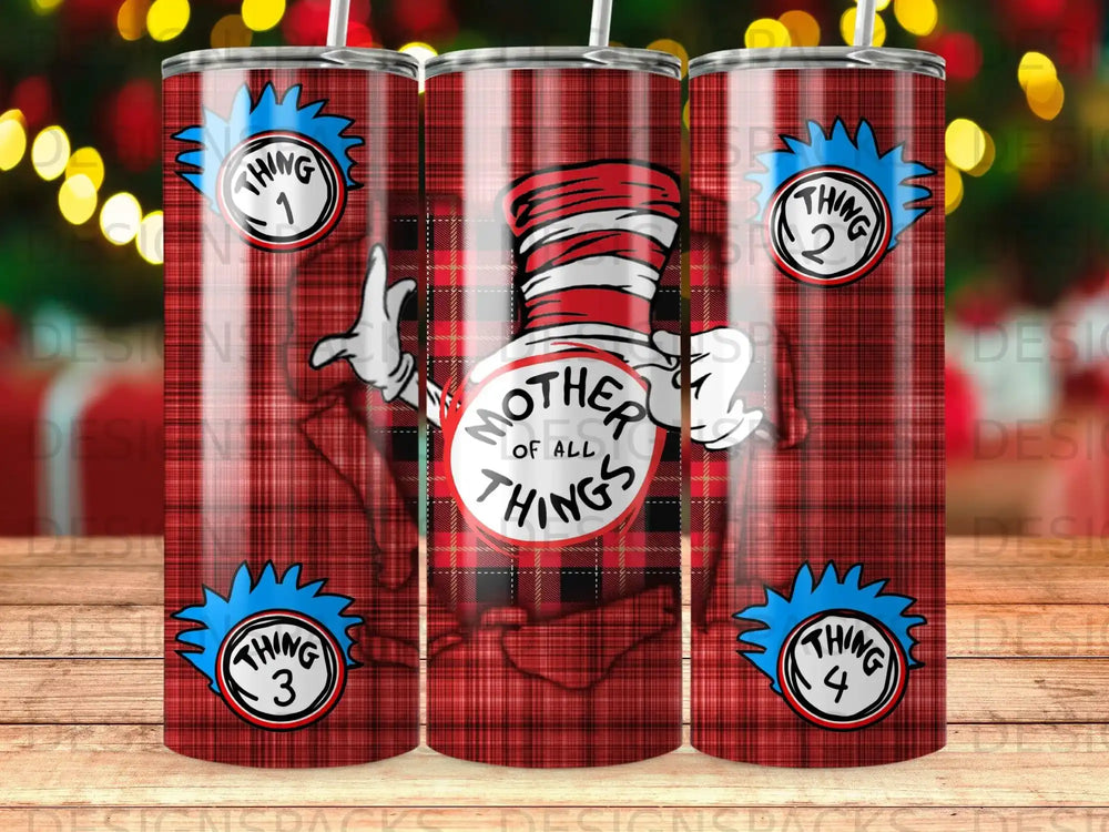 Red plaid tumbler with Thing 1, 2, 3, and 4 from Dr. Seuss.