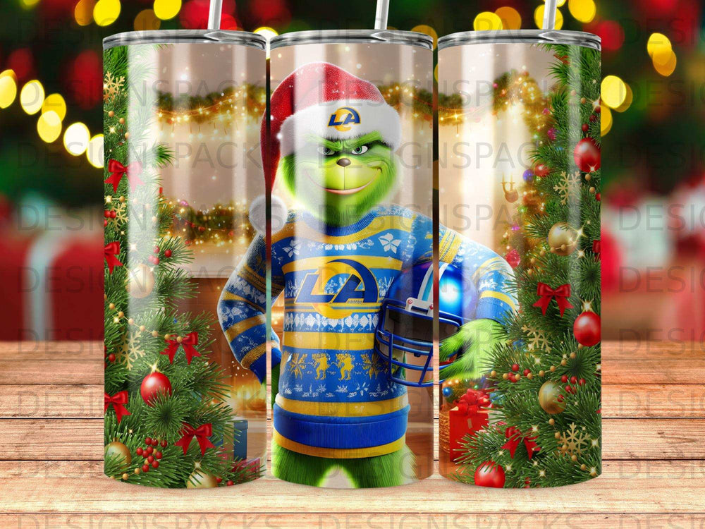 Grinch in a Los Angeles Rams sweater holding a football helmet.