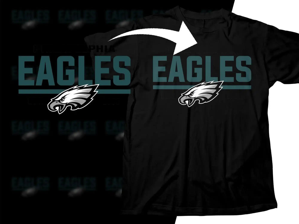 Philadelphia Eagles t-shirt design with bold text and team logo, ideal for DTF/DTG printing