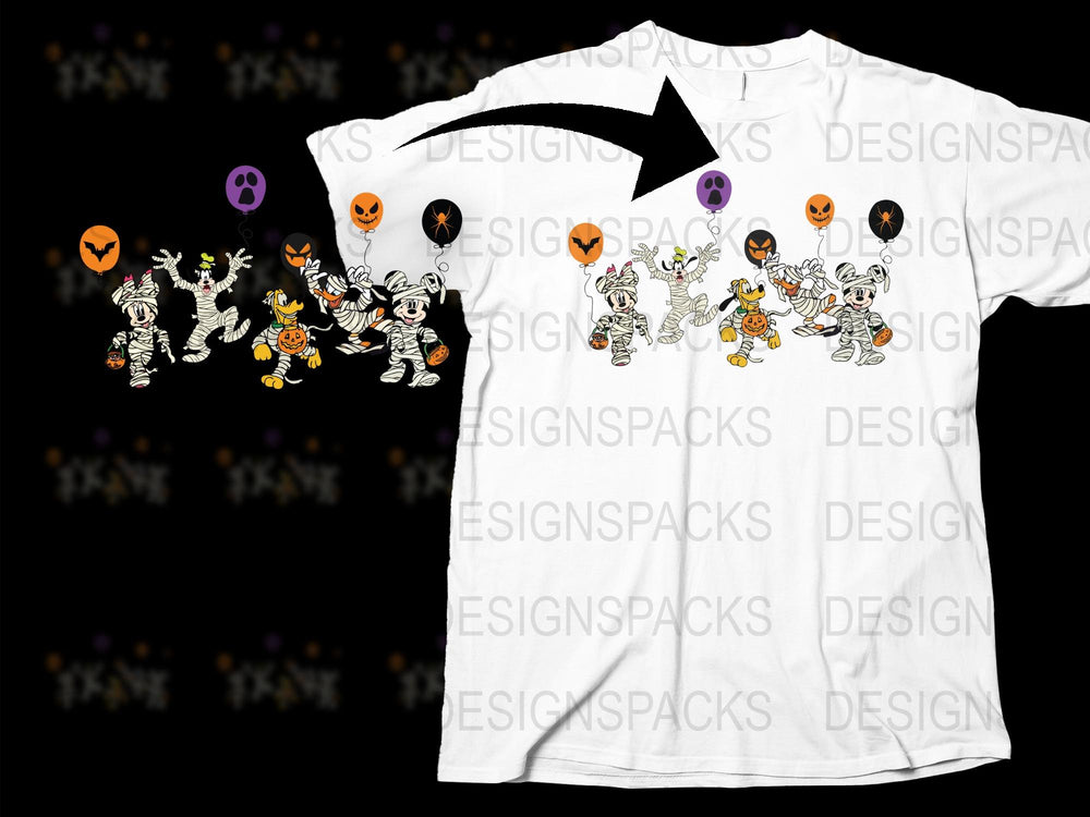 Halloween Party T-Shirt with Cartoon Skeletons and Pumpkins, Fun Spooky Graphic Tee for All Ages