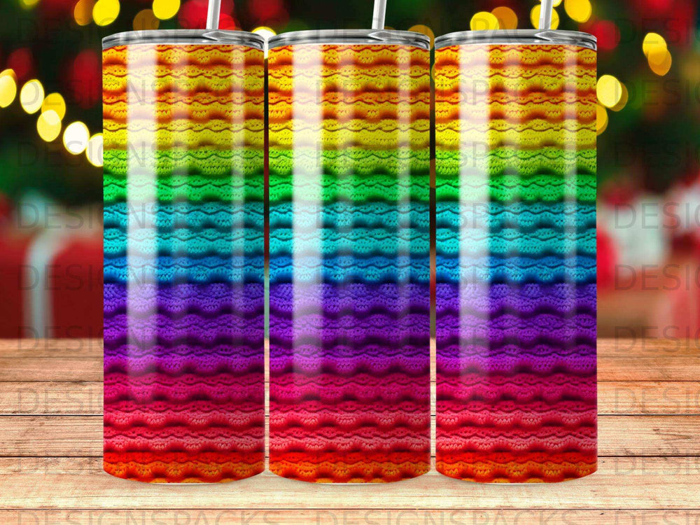 Rainbow textured tumbler with three tumblers shown side-by-side.