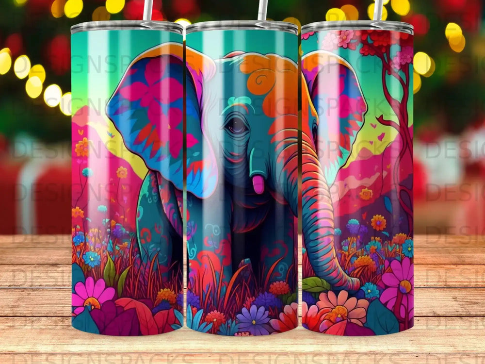 Colorful elephant with flowers and trees, on a patterned insulated tumbler.