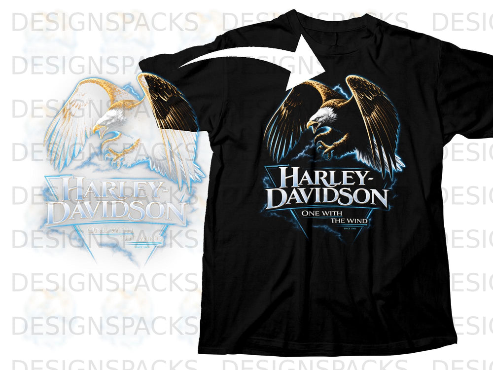Black t-shirt with Harley-Davidson eagle graphic and "One With The Wind" text.