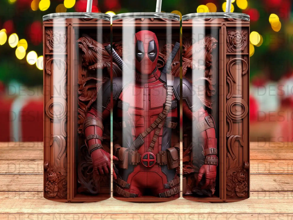 Deadpool character in a detailed wooden carved frame on a tumbler wrap.