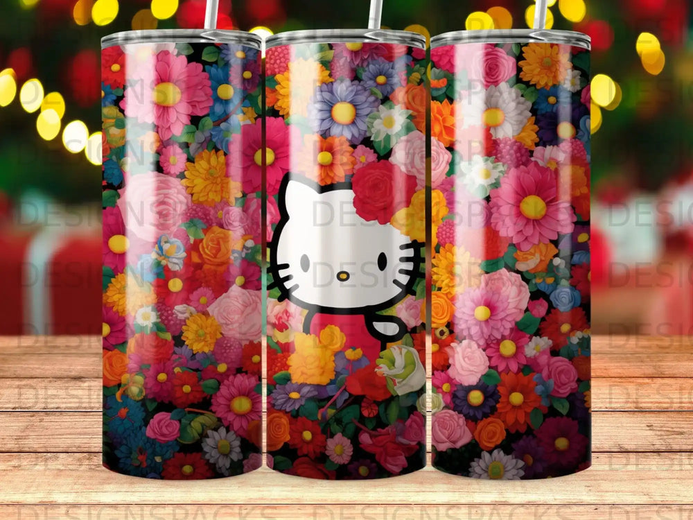 Hello Kitty on a vibrant floral pattern tumbler.