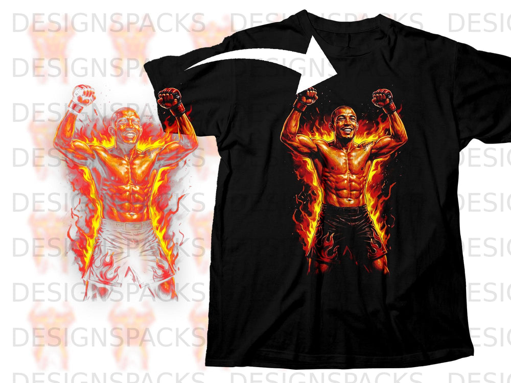 Black t-shirt with a muscular fighter engulfed in flames and celebrating.