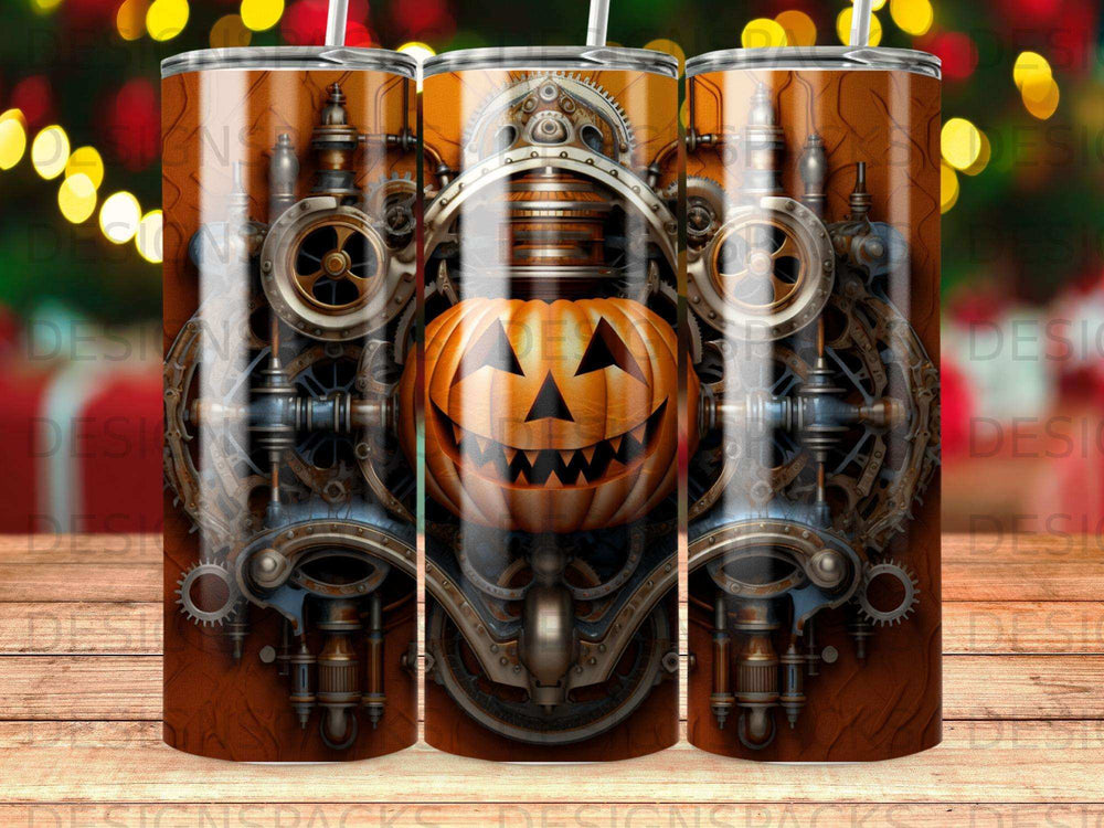 Steampunk jack-o'-lantern design on a tumbler.