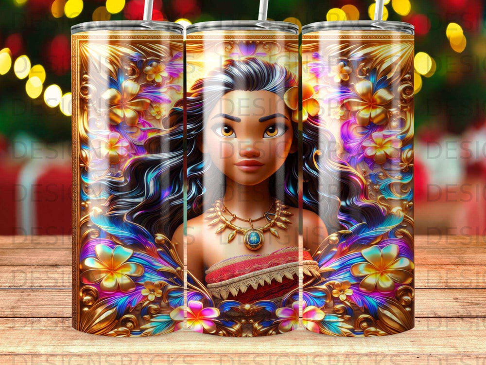 Moana character with flowers and gold trim on a tumbler.