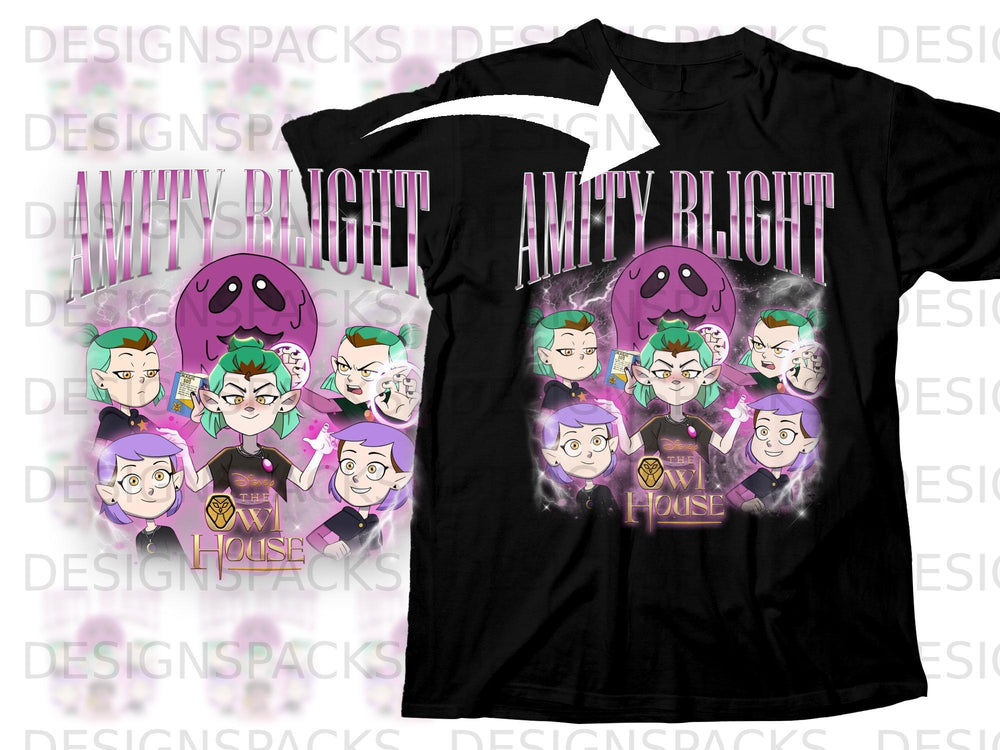 Black t-shirt with Amity Blight characters and The Owl House logo.