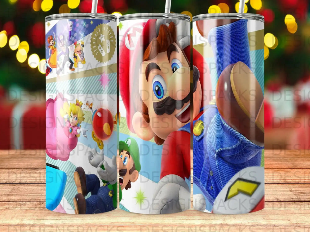 Mario and Luigi characters on a tumbler wrap with pipe and star graphic.