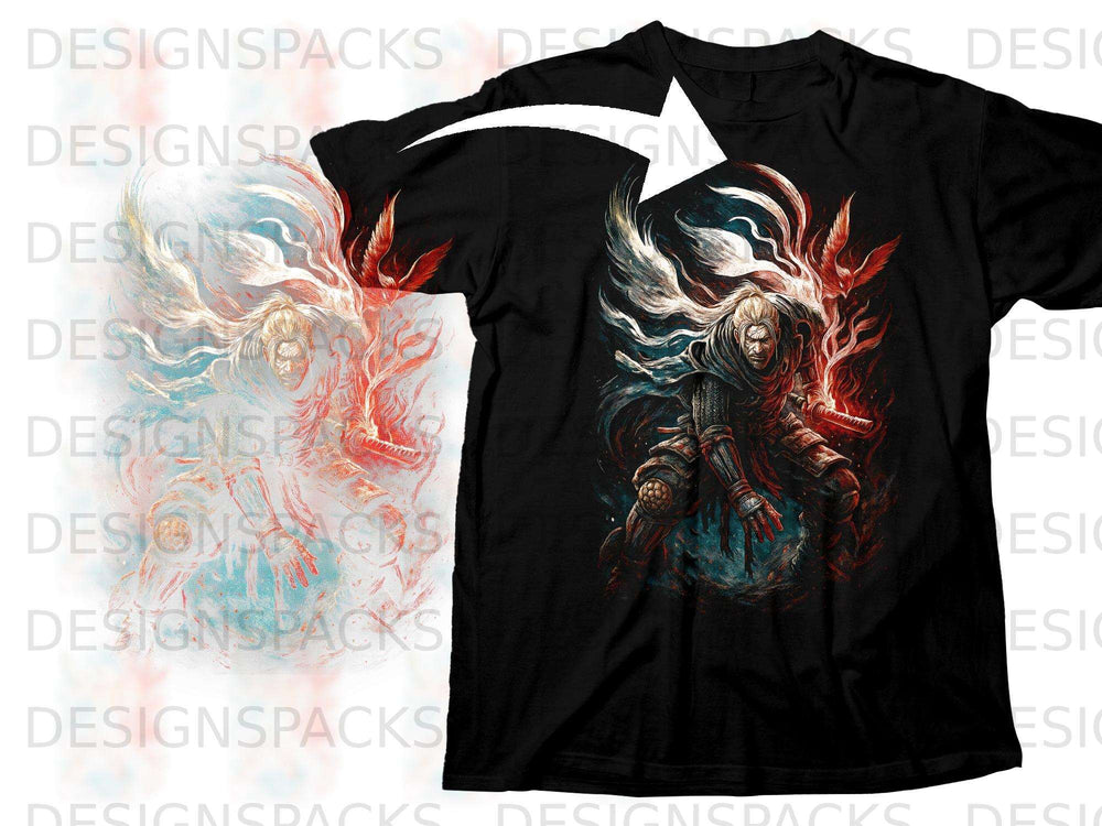 Black t-shirt with a warrior artwork featuring fire and ice elements.