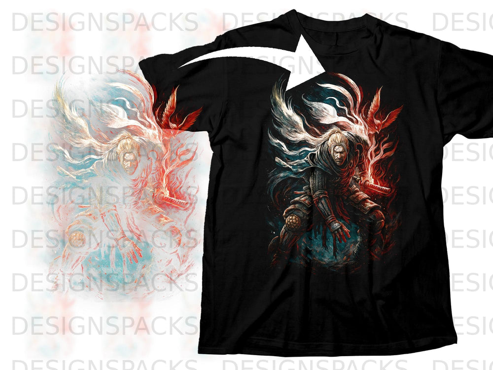 Black t-shirt with a warrior artwork featuring fire and ice elements.