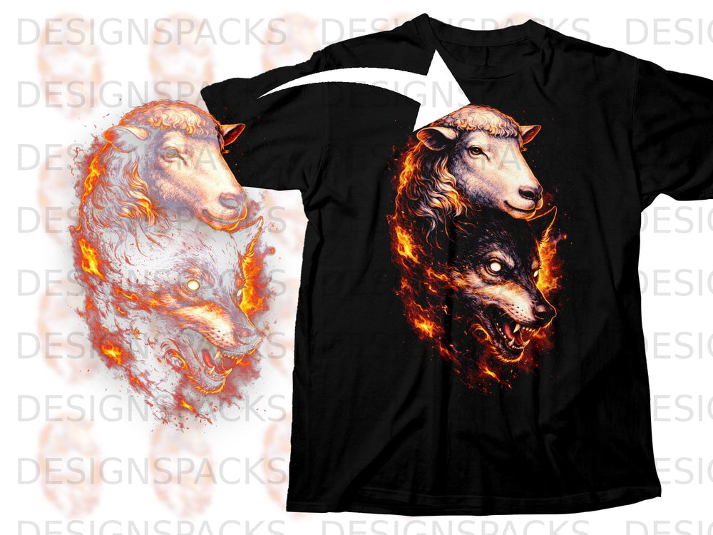 Black t-shirt with a graphic of a wolf and sheep engulfed in flames.
