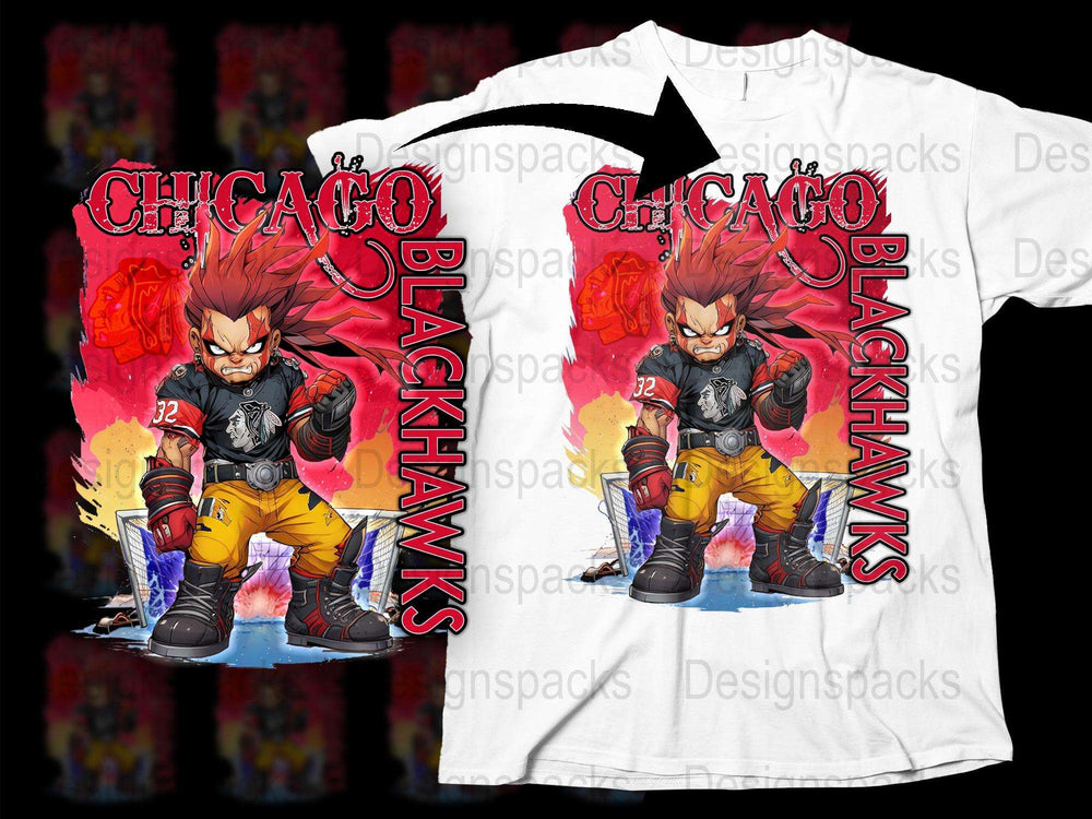 Chicago Blackhawks T-Shirt, Fierce Cartoon Character Design, Bold Red and White, Sports Fan Apparel