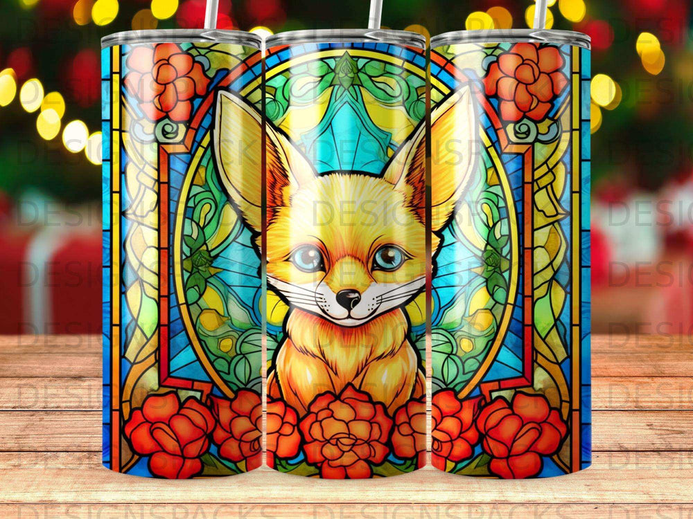 Stained glass style fox with floral accents on a tumbler.