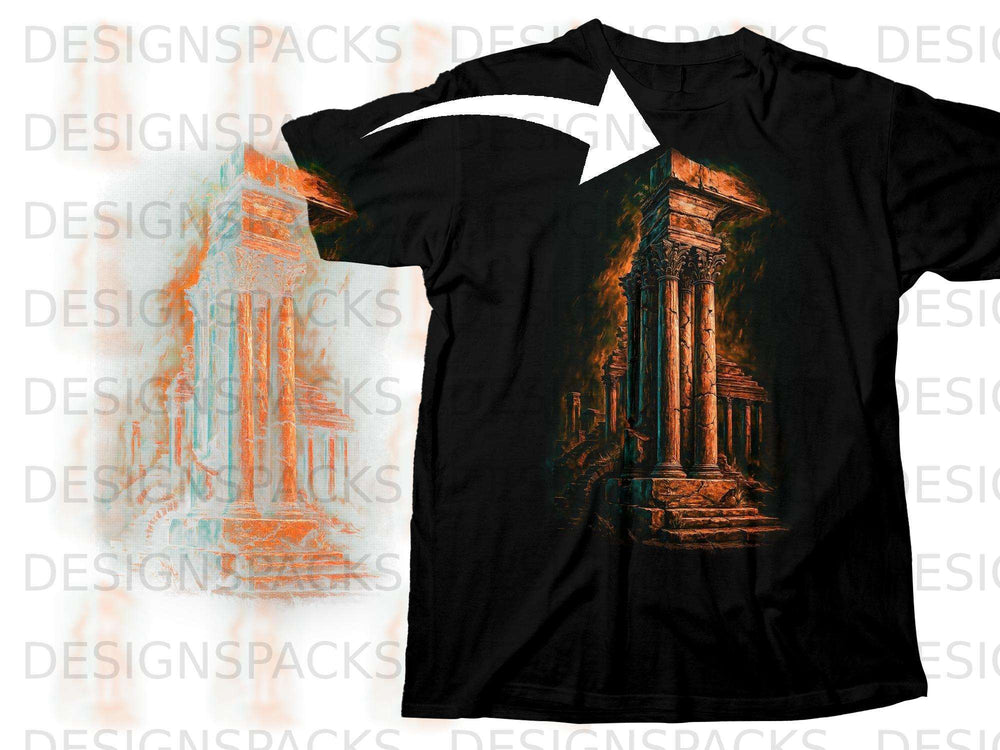 Black t-shirt with ancient ruins graphic, featuring ornate columns and stone steps.