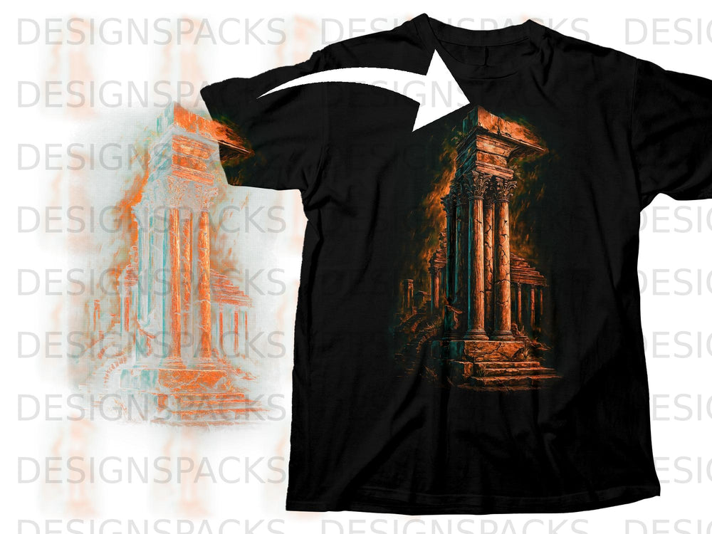 Black t-shirt with ancient ruins graphic, featuring ornate columns and stone steps.