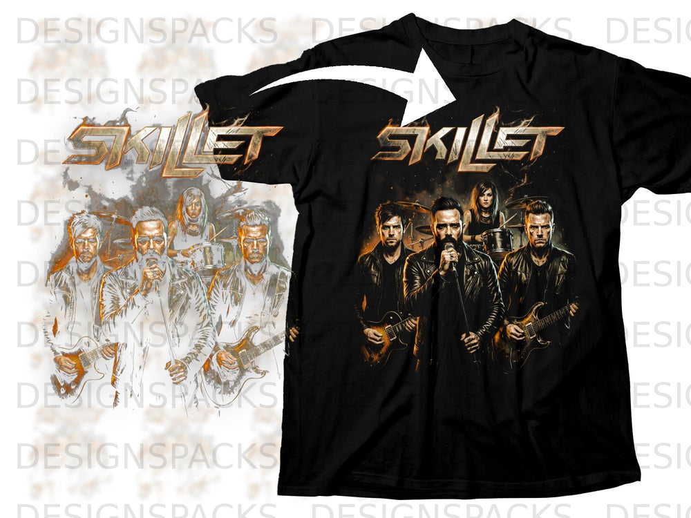 Black t-shirt with Skillet band logo and graphic of the band members.