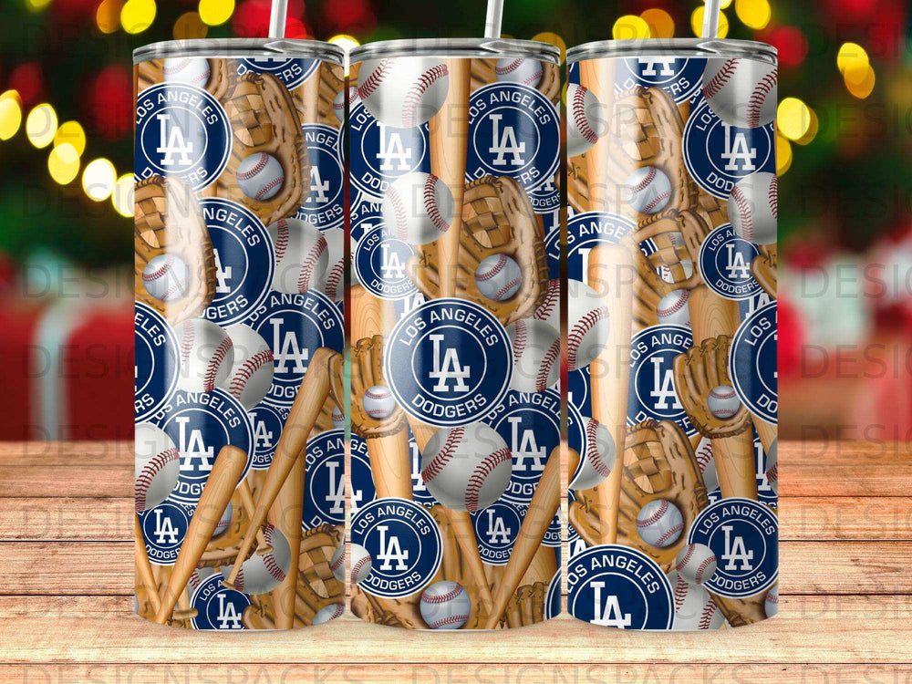 Los Angeles Dodgers baseball team logo and gear pattern on tumblers.