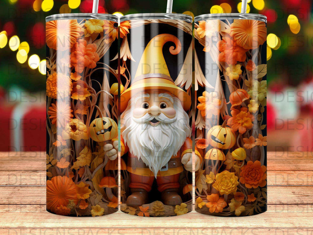 Gnome with pumpkins and autumn leaves on a patterned tumbler.