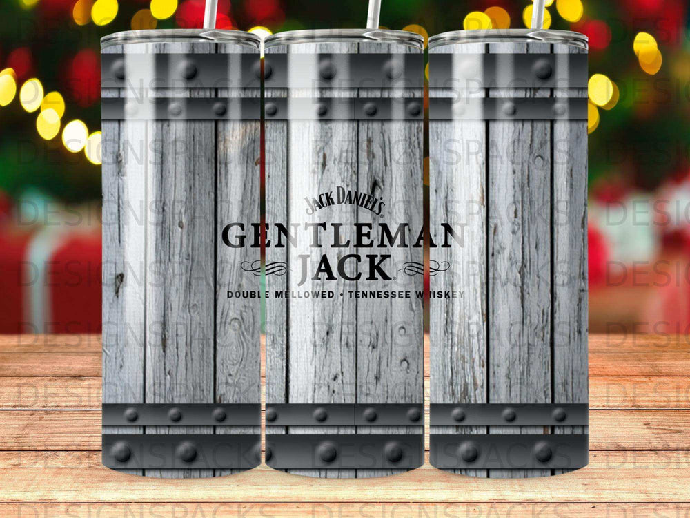 Jack Daniel's Gentleman Jack whiskey tumbler with wood barrel design.