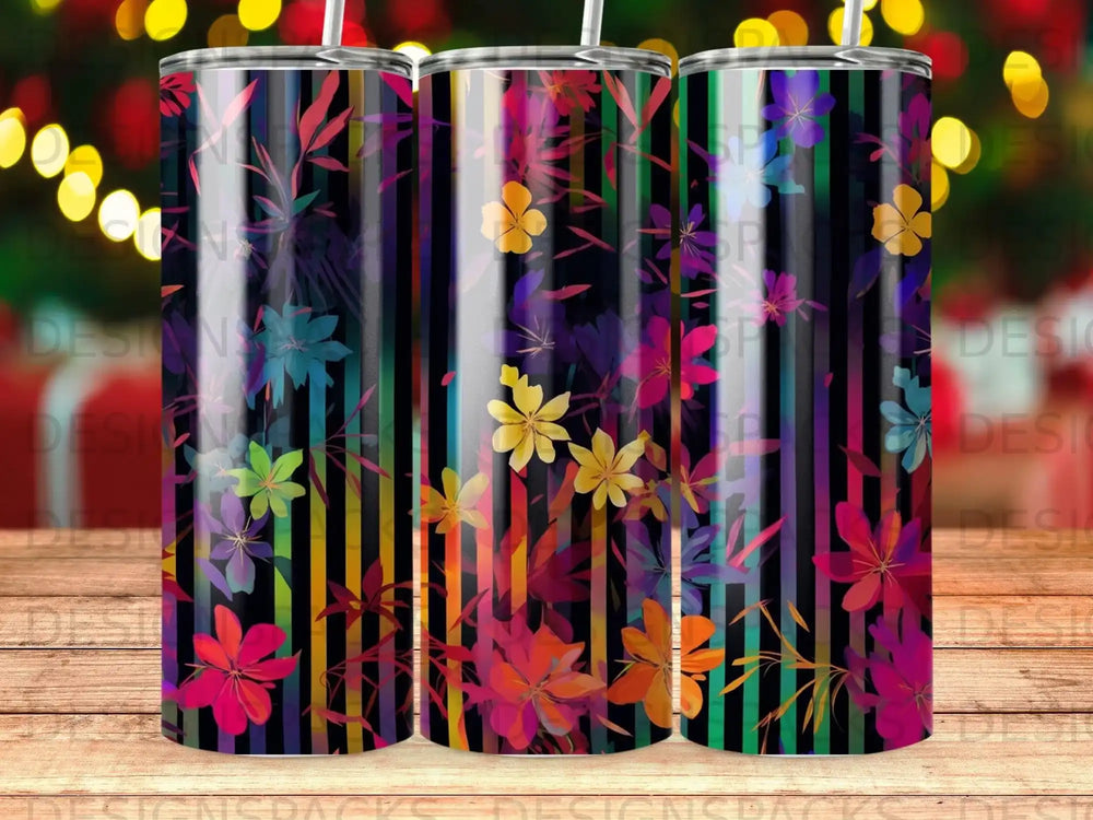 Striped tumbler with colorful floral and leaf pattern.