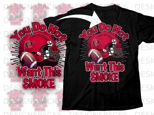 Black t-shirt with red football helmet, football, and text 