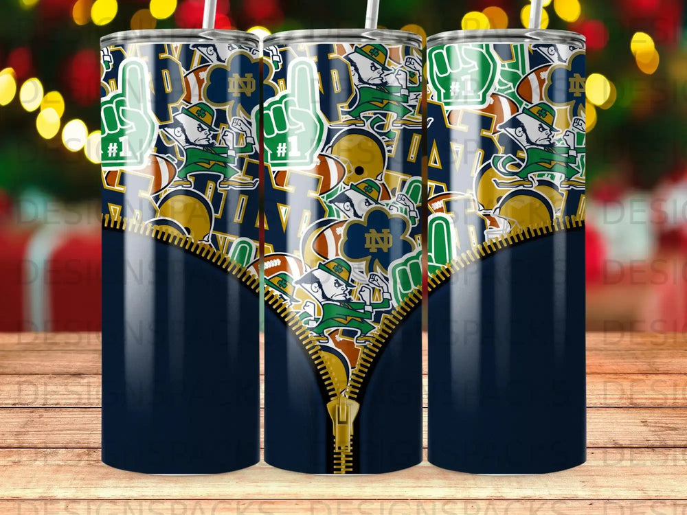 Blue tumbler with Notre Dame Fighting Irish mascot, helmets, and footballs, featuring a zipper graphic.