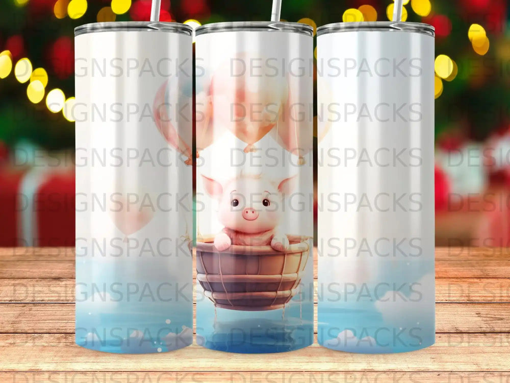 Pink cartoon piglet in bucket, hot air balloons, blue sky background.