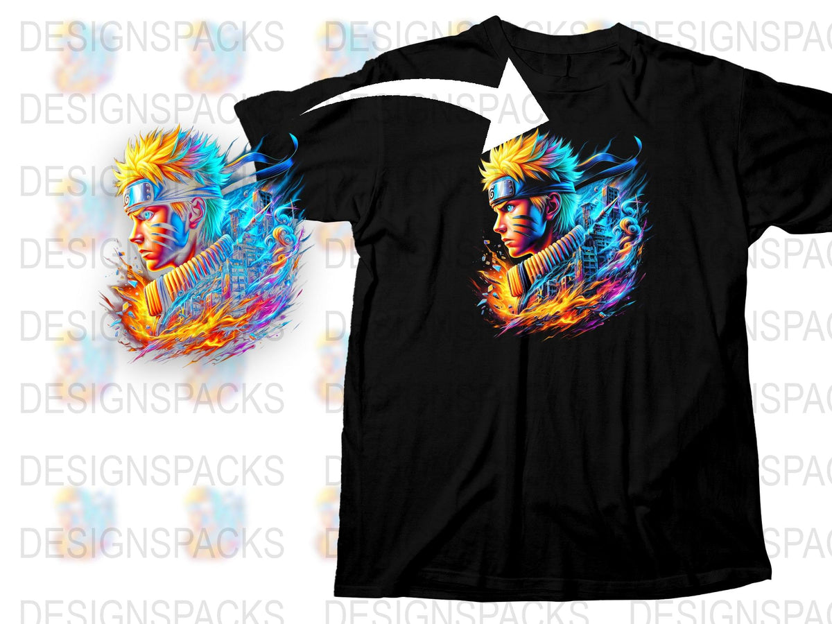 Colorful Anime Character Graphic T-Shirt, Vibrant Fire Design, Unisex Black Tee