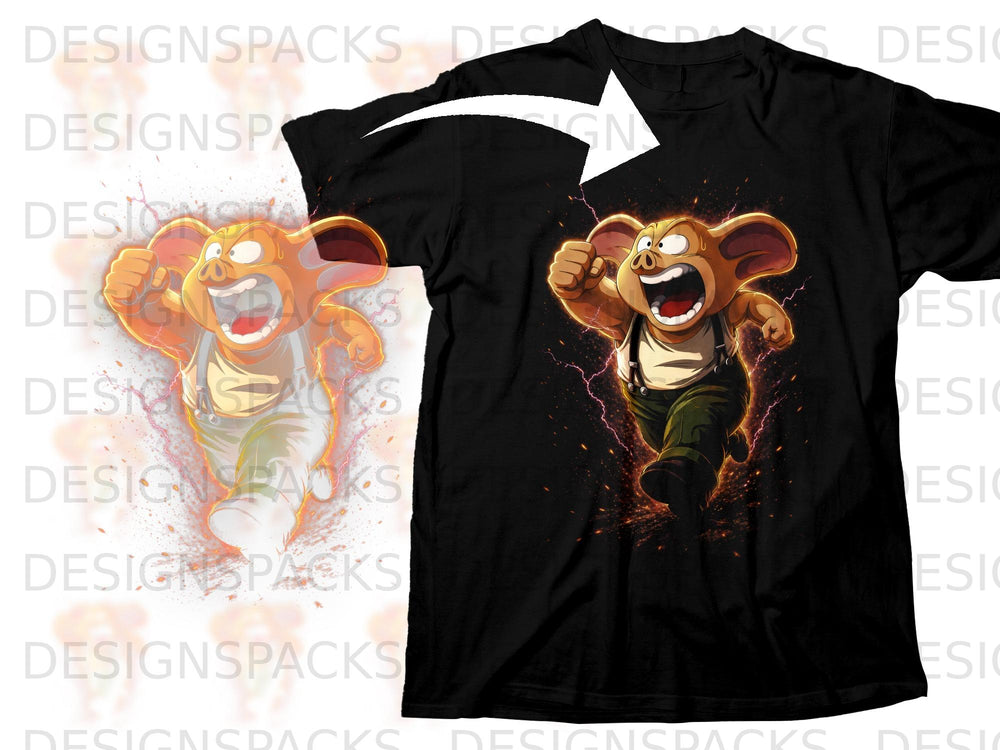 Cartoon pig character with fists raised, running and surrounded by lightning.