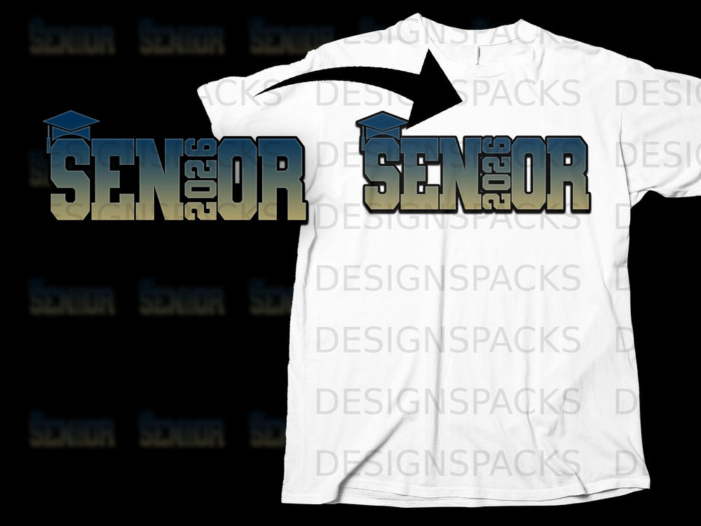 White t-shirt with "SENIOR 2026" graphic in gradient lettering and graduation cap.