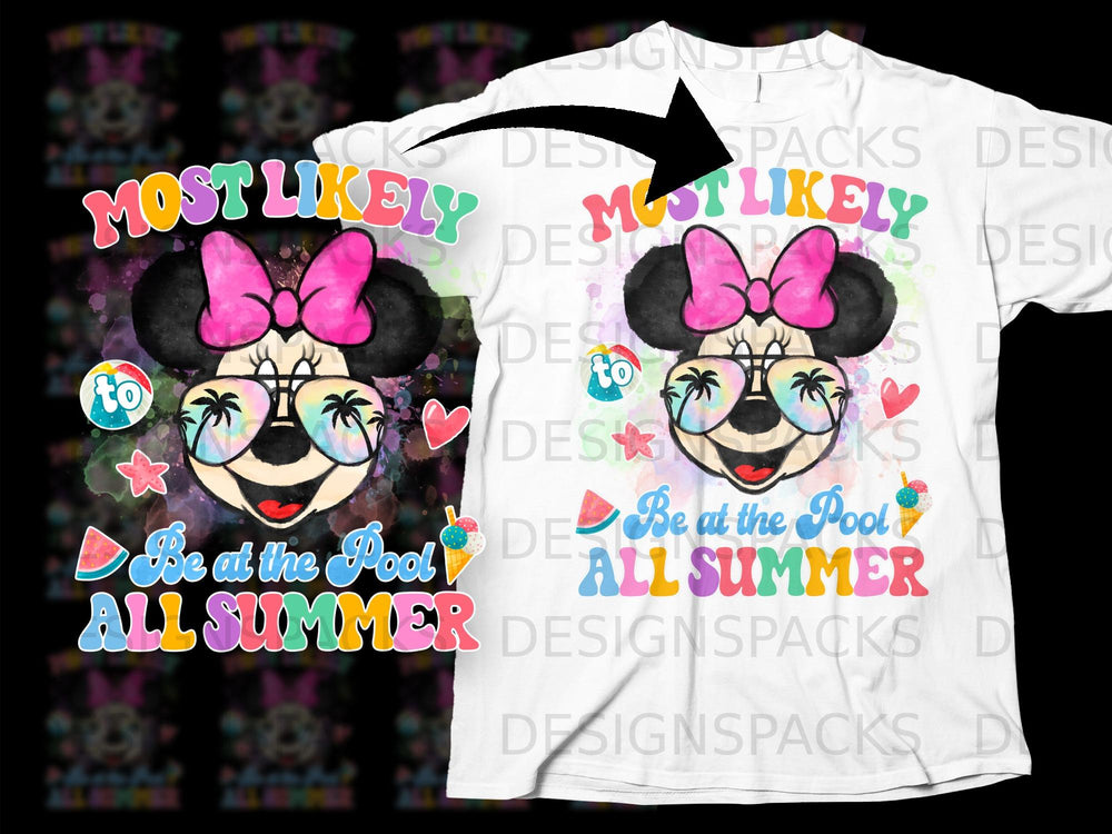 Minnie Mouse graphic with "Most Likely To Be at the Pool All Summer" text.