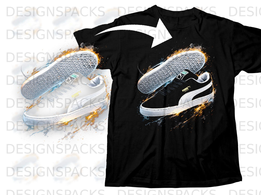 Black t-shirt with a graphic of a black Puma Suede sneaker on fire.