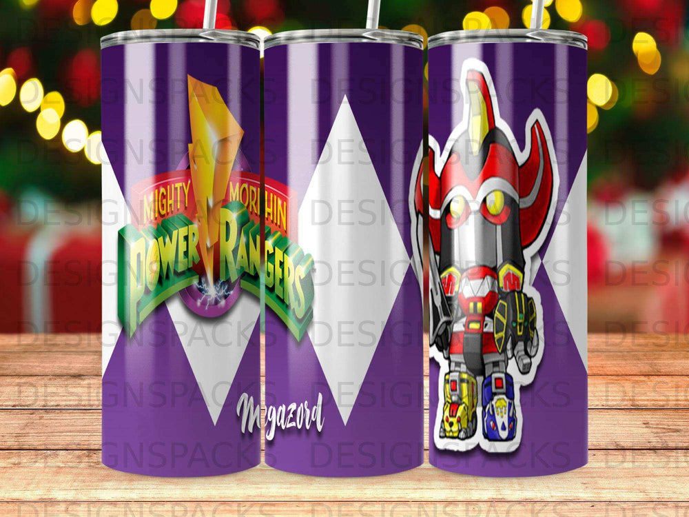 Mighty Morphin Power Rangers Megazord on a purple patterned tumbler.