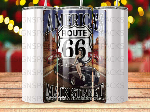 Vintage route 66 sign with classic car and pin-up girl.