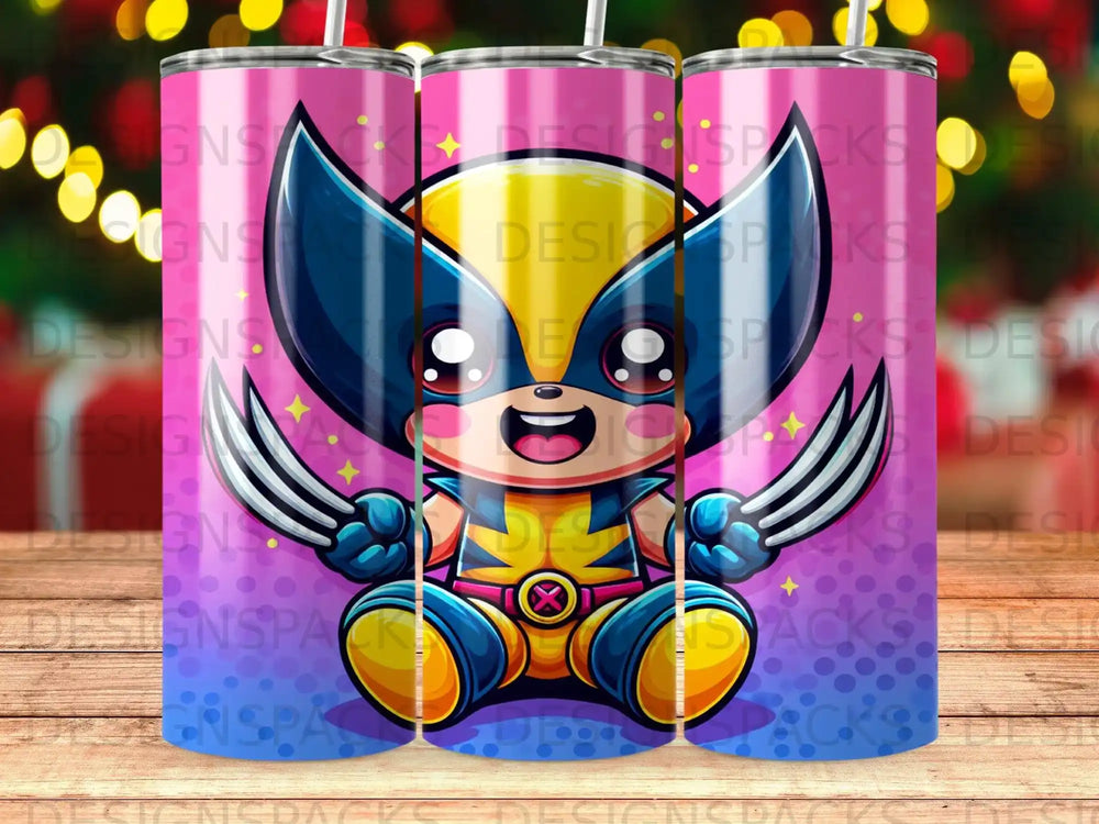 Cute chibi Wolverine character with claws and mask, on pink striped background.